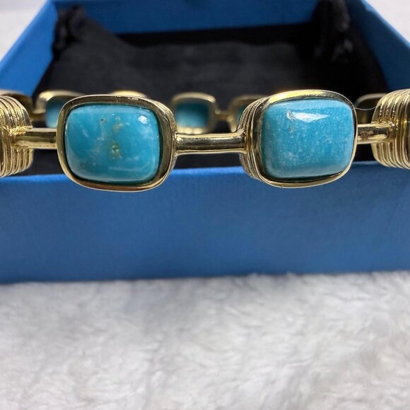 Blue Kingman Turquoise Bangle Bracelet 18k Gold Over Silver JTV Vintage 8" Jewel - Picture 4 of 10